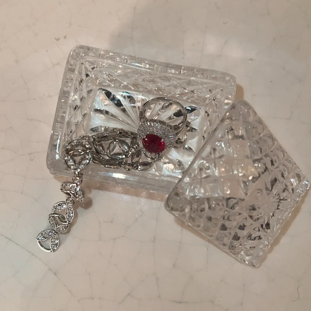 Cut Glass Princess Trinket Box, Pressed Glass Rectangular Tiny Glass Container